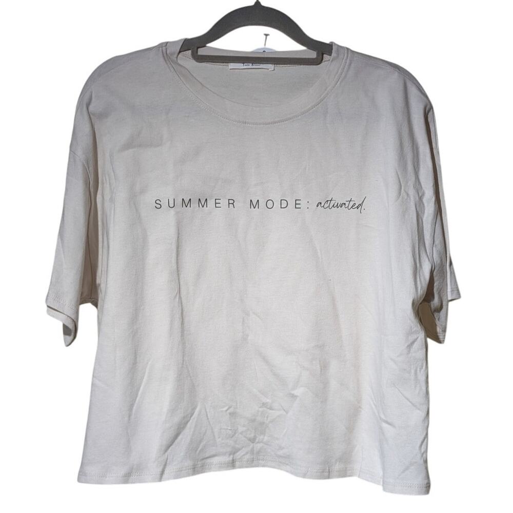 Tres Bien Ecru Script Tee Crop Oversized Shirt Womens Size S/M NWT